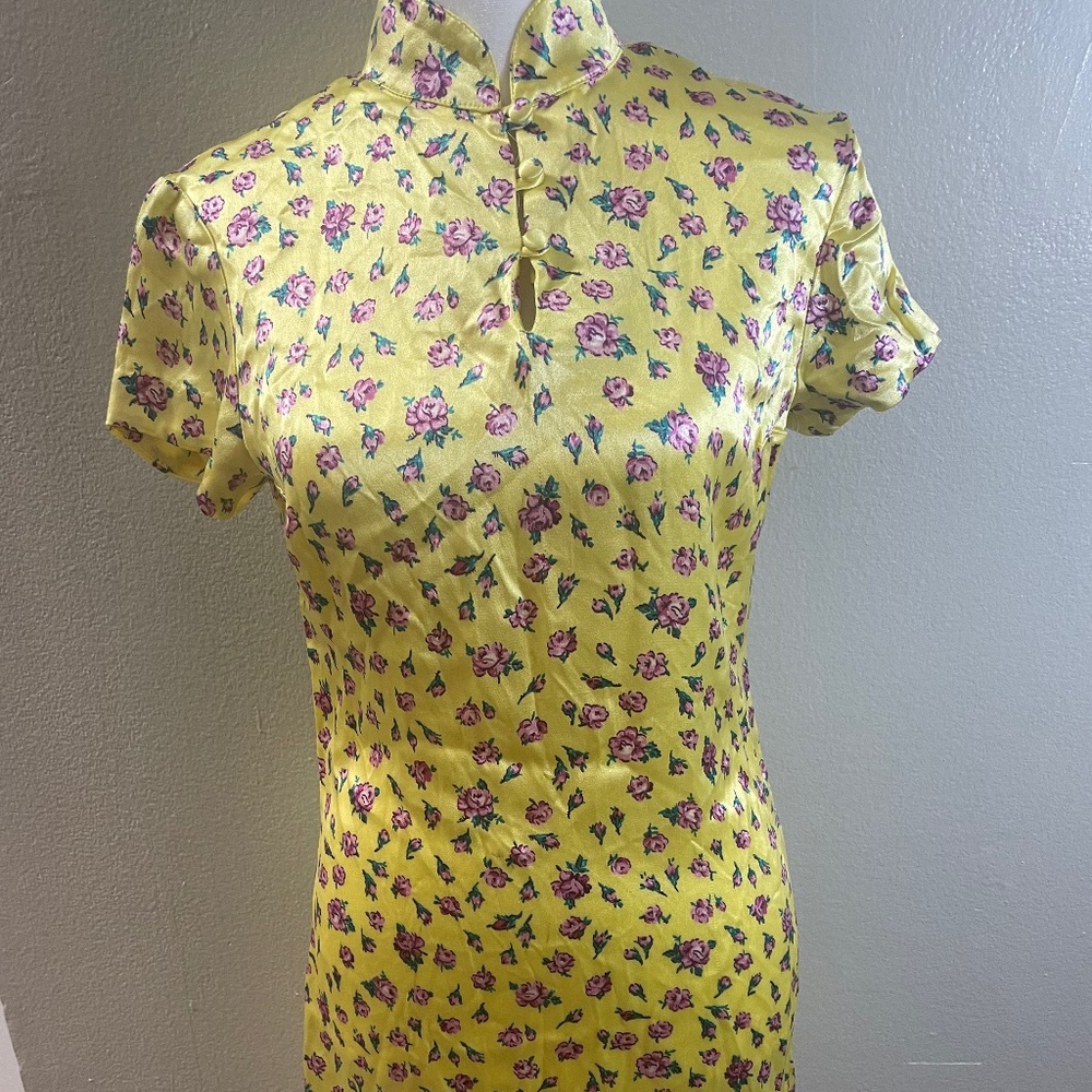 2000s betsey johnson dress mock  neck yellow pink flowers floral. SMALL y2k